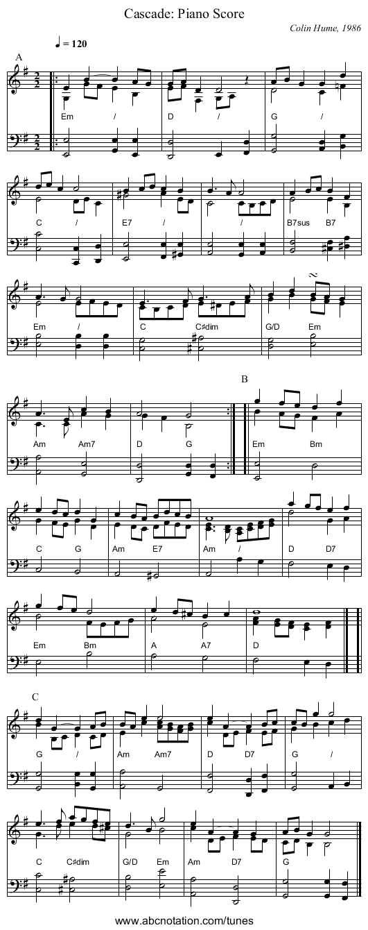 Cascade: Piano Score - staff notation