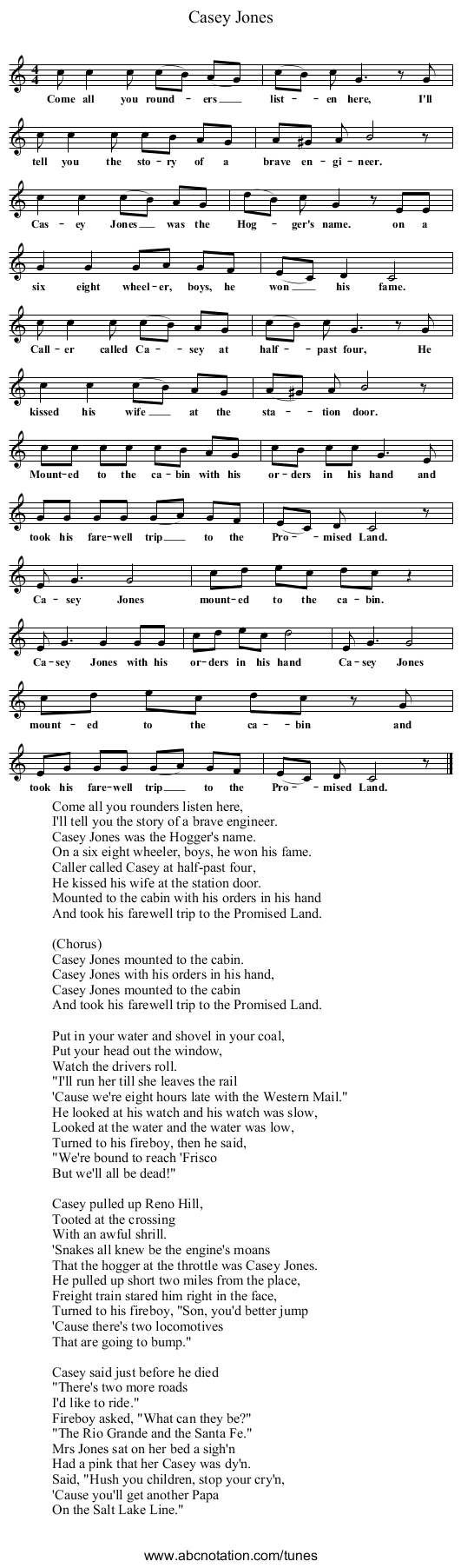 Casey Jones - staff notation