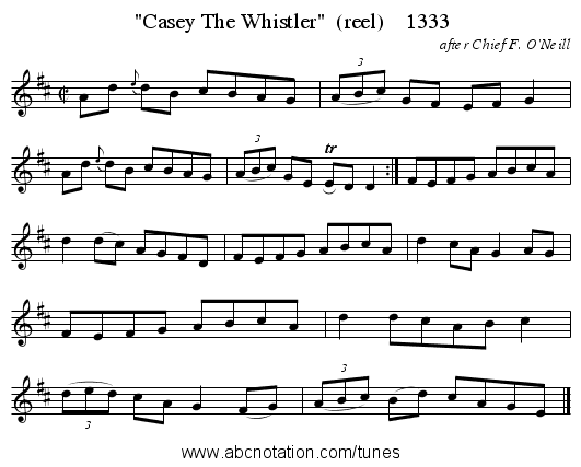 Casey The Whistler  (reel)    1333 - staff notation