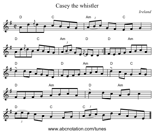 Casey the whistler - staff notation