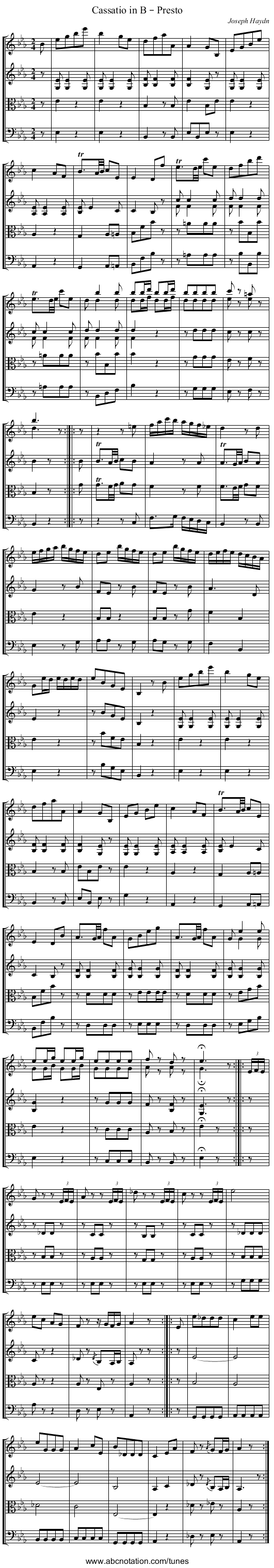 Cassatio in B – Presto - staff notation