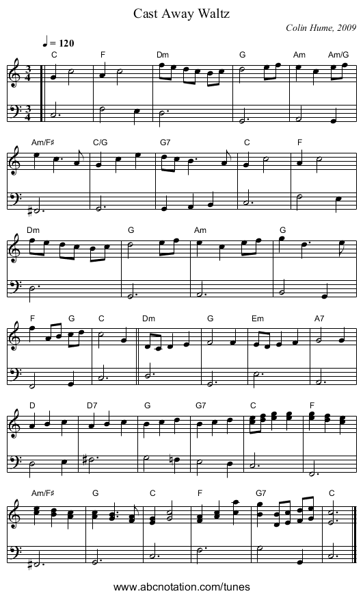 Cast Away Waltz - staff notation