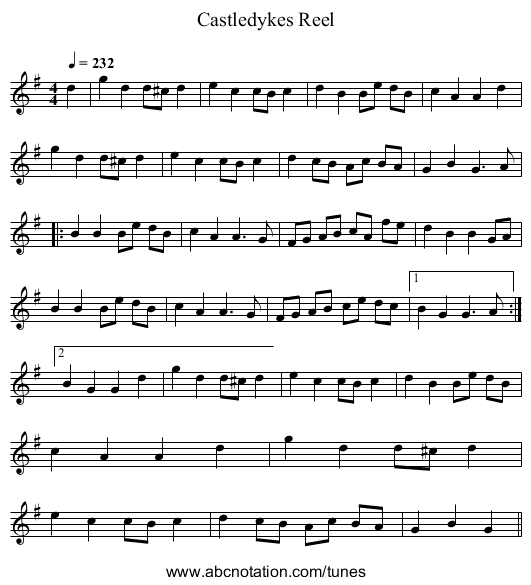Castledykes Reel - staff notation