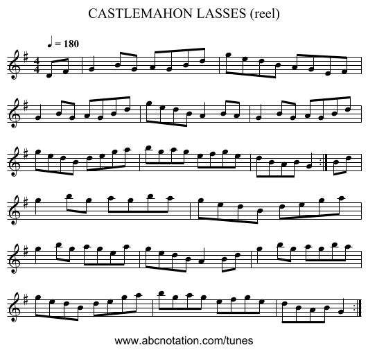 CASTLEMAHON LASSES (reel) - staff notation