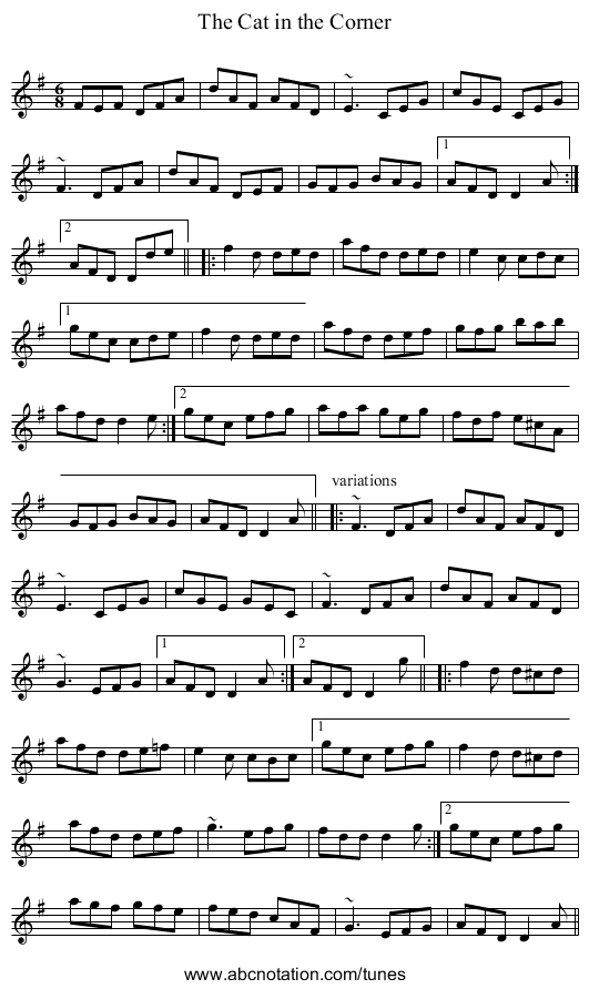 Cat in the Corner, The - staff notation
