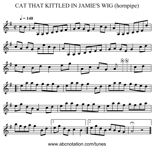 CAT THAT KITTLED IN JAMIE'S WIG (hornpipe) - staff notation