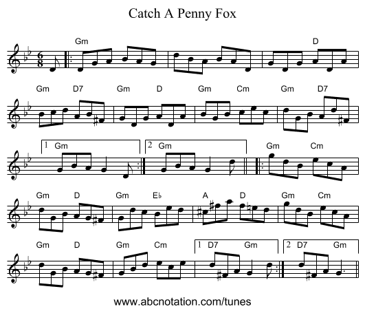 Catch A Penny Fox - staff notation