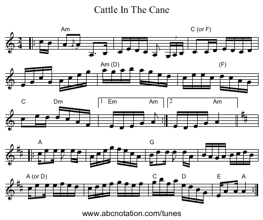 Cattle In The Cane - staff notation
