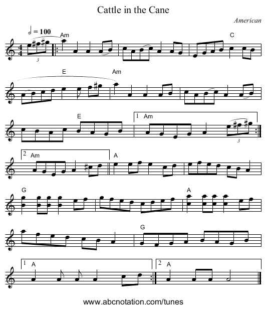 Cattle in the Cane - staff notation