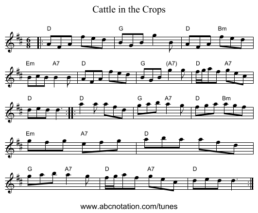 Cattle in the Crops - staff notation
