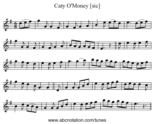 Caty O'Money [sic] - staff notation