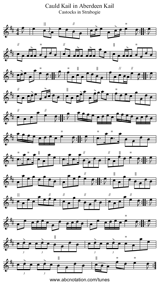 Cauld Kail in Aberdeen Kail - staff notation
