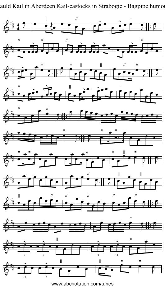 Cauld Kail in Aberdeen Kail-castocks in Strabogie - Bagpipe humour - staff notation