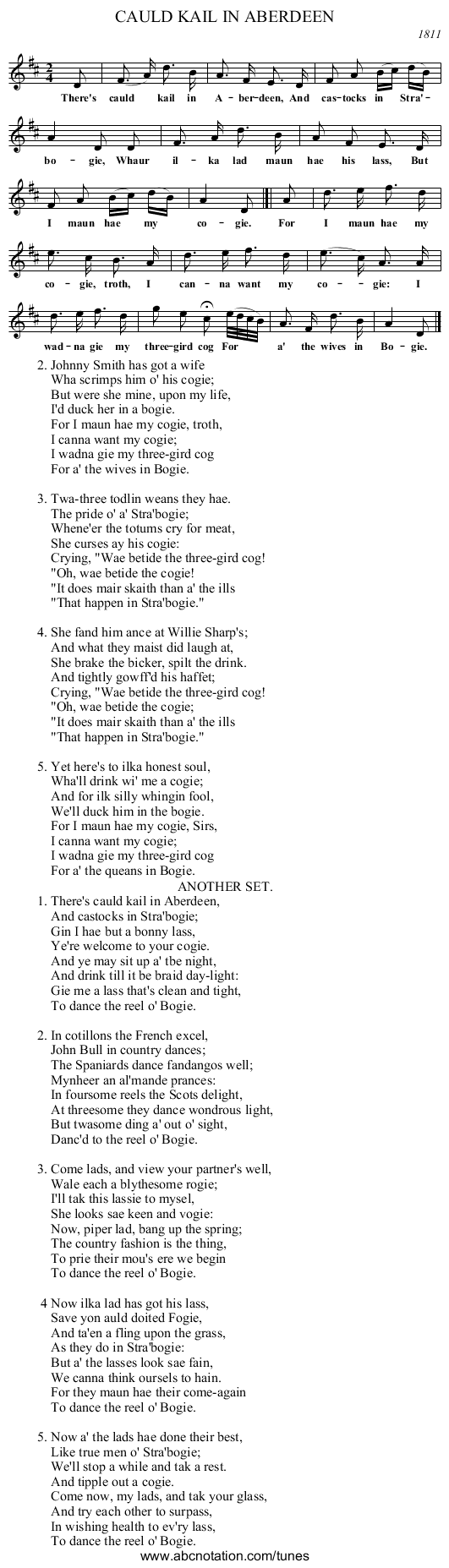 CAULD KAIL IN ABERDEEN - staff notation