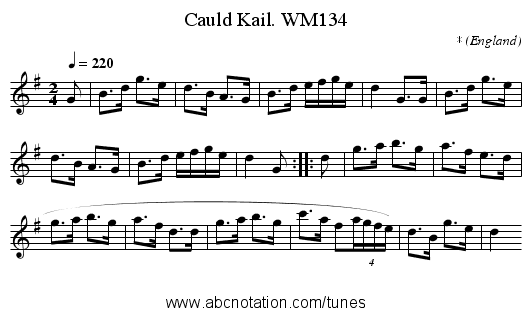 Cauld Kail. WM134 - staff notation