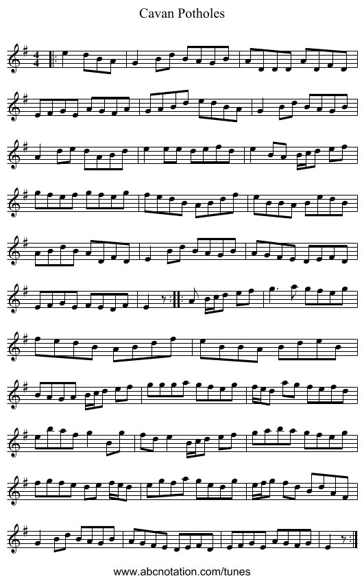 Cavan Potholes - staff notation