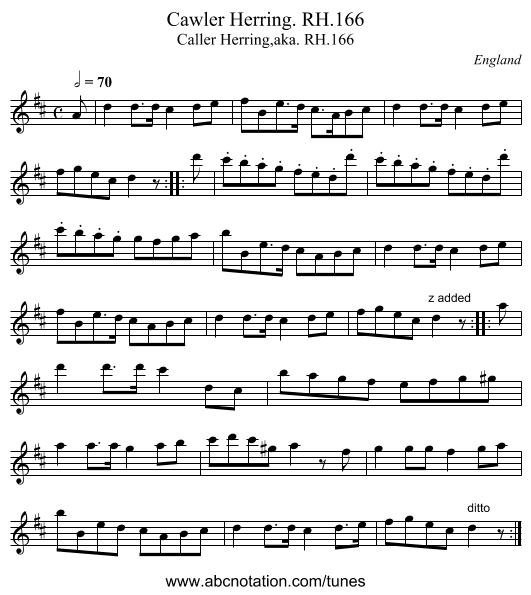 Cawler Herring. RH.166 - staff notation