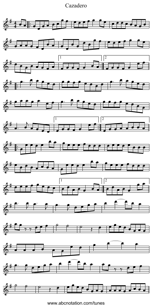 Cazadero - staff notation