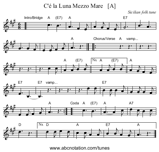 C'&eacute; la Luna Mezzo Mare   [A] - staff notation