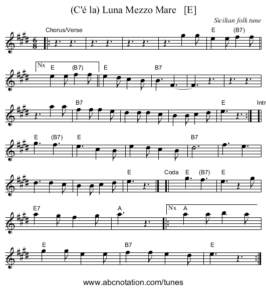 (C'&eacute; la) Luna Mezzo Mare   [E] - staff notation