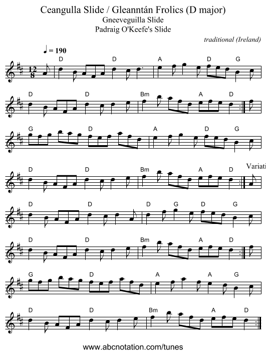 Ceangulla Slide / Gleanntán Frolics (D major) - staff notation