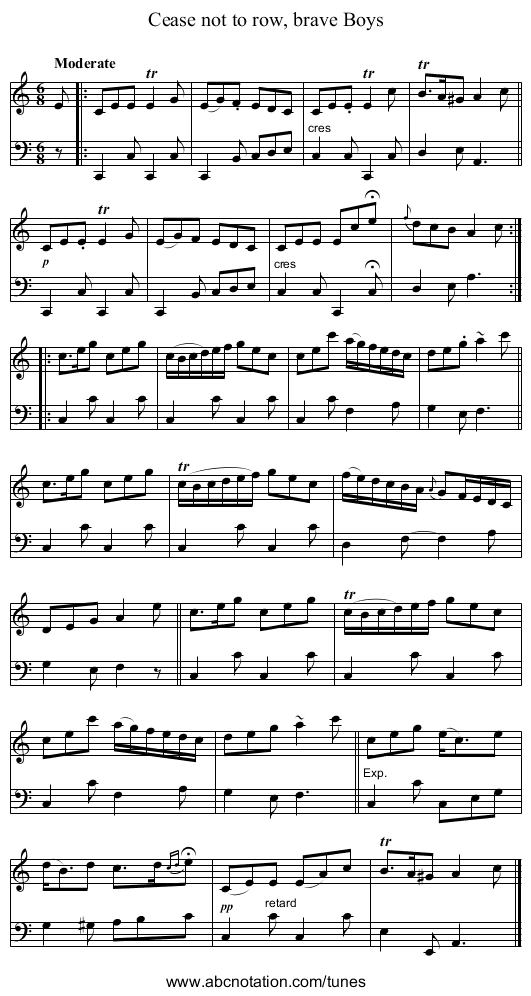 Cease not to row, brave Boys - staff notation
