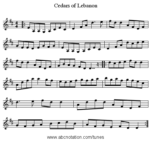 Cedars of Lebanon - staff notation