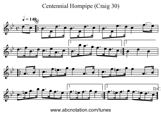 Centennial Hornpipe (Craig 30) - staff notation