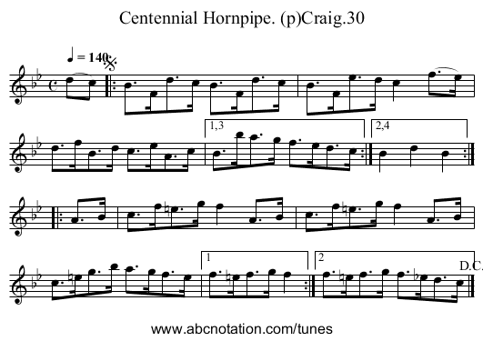 Centennial Hornpipe. (p)Craig.30 - staff notation