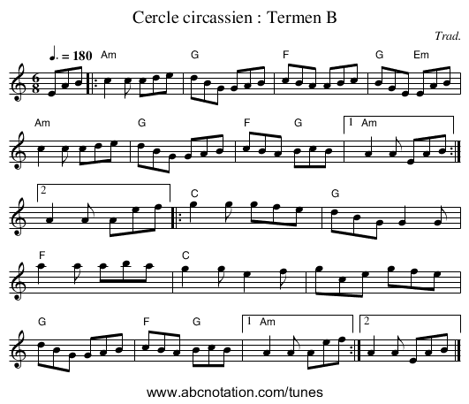 Cercle circassien : Termen B - staff notation