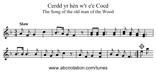 Cerdd yr hèn w'r e'e Cocd - staff notation