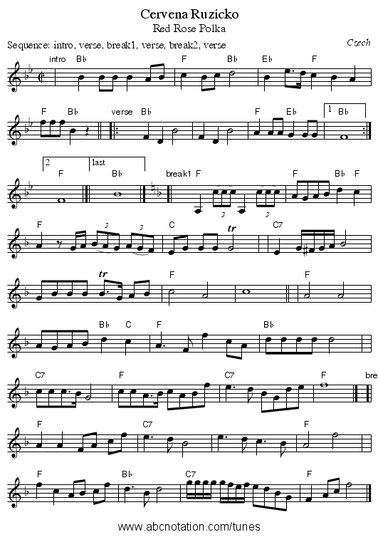 Cervena Ruzicko - staff notation