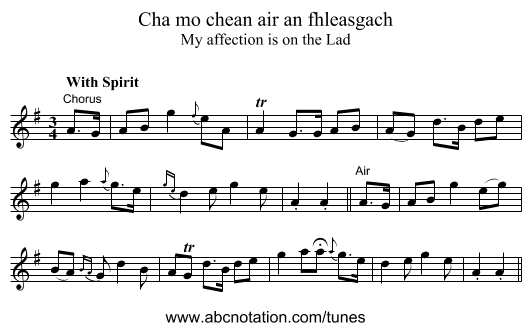 Cha mo chean air an fhleasgach - staff notation
