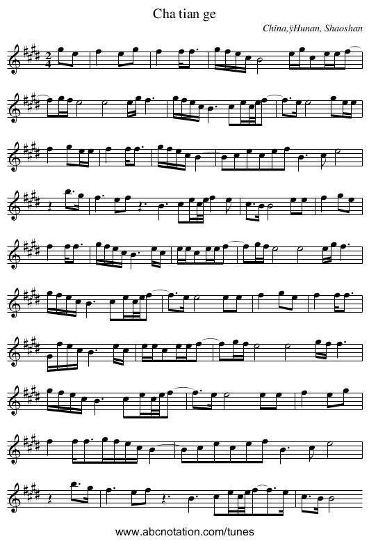 Cha tian ge - staff notation
