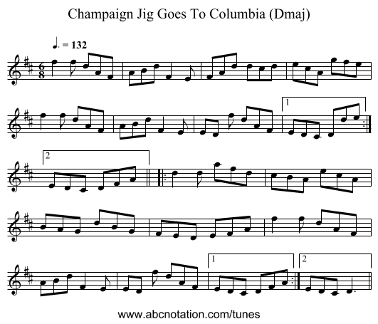 Champaign Jig Goes To Columbia (Dmaj) - staff notation