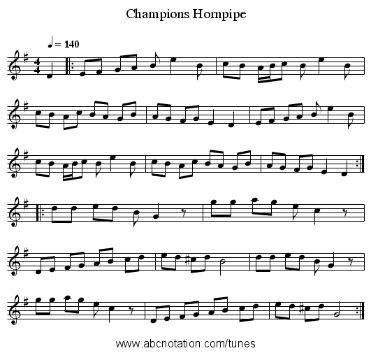 Champions Hornpipe - staff notation