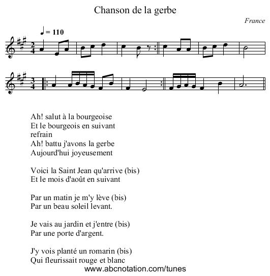 Chanson de la gerbe - staff notation