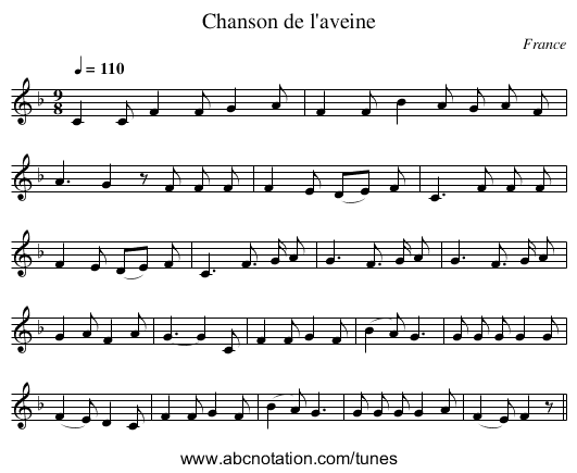 Chanson de l'aveine - staff notation