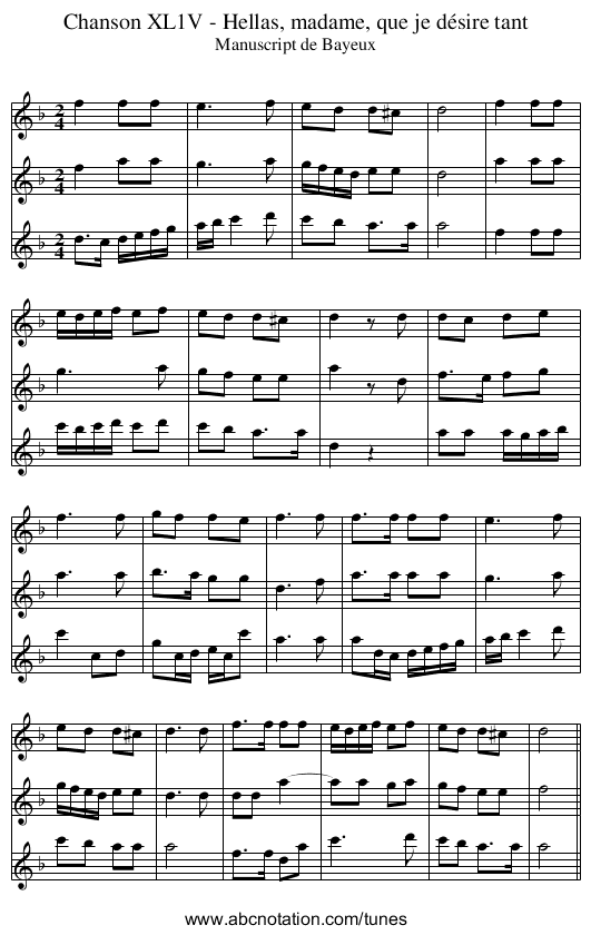 Chanson XL1V - Hellas, madame, que je désire tant - staff notation