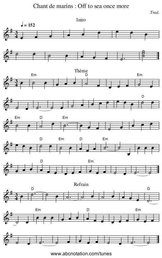 Chant de marins : Off to sea once more - staff notation