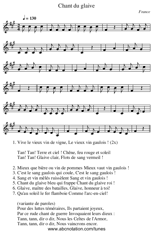 Chant du glaive - staff notation