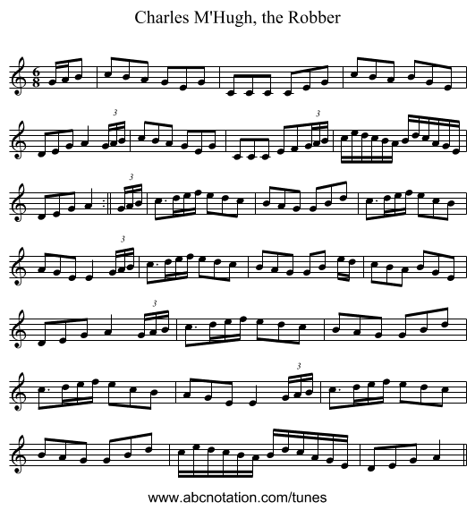 Charles M'Hugh, the Robber - staff notation