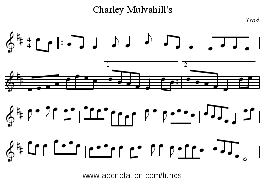 Charley Mulvahill's - staff notation