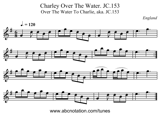 Charley Over The Water. JC.153 - staff notation