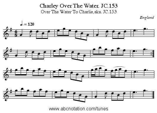 Charley Over The Water. JC.153 - staff notation