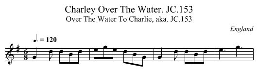 Charley Over The Water. JC.153 - staff notation