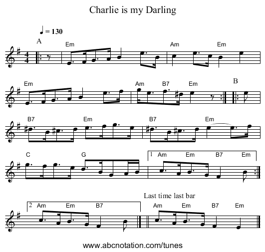 Charlie is my Darling - staff notation