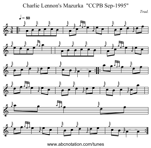 Charlie Lennon's Mazurka  CCPB Sep-1995 - staff notation