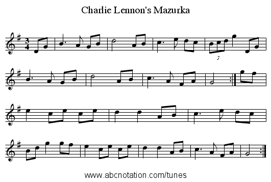 Charlie Lennon's Mazurka - staff notation