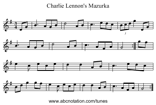 Charlie Lennon's Mazurka - staff notation